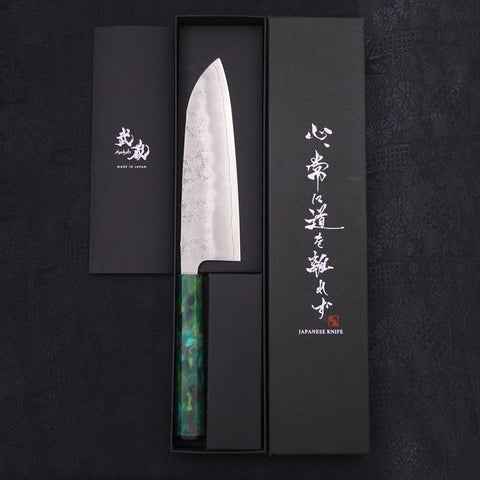 Santoku Silver Steel #3 Nashiji Ocean Green Handle 165mm (6.5”)-[Musashi]-[Japanese-Kitchen-Knives]