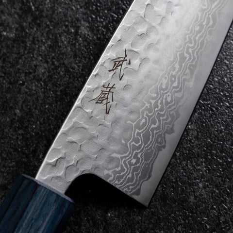 Santoku Silver Steel #3 Tsuchime Damascus Dark Blue Urushi Handle 170mm (6.7”)-[Musashi]-[Japanese-Kitchen-Knives]