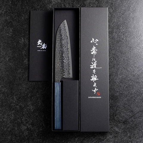 Santoku Silver Steel #3 Tsuchime Damascus Dark Blue Urushi Handle 170mm (6.7”)-[Musashi]-[Japanese-Kitchen-Knives]