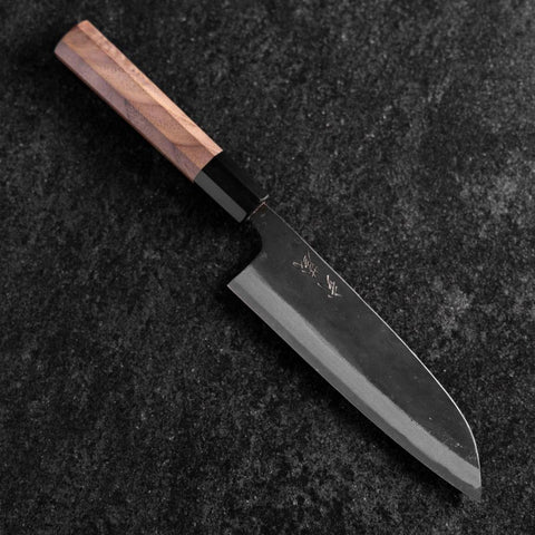 Santoku Stainless Clad Blue Steel #2 Kurouchi Walnut Handle 165mm-[Musashi]-[Japanese-Kitchen-Knives]