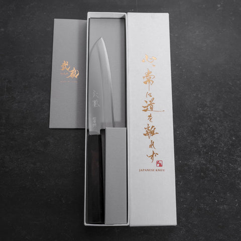Santoku Stainless Clad Blue Super Polished Buffalo Ebony Handle 140mm-[Musashi]-[Japanese-Kitchen-Knives]