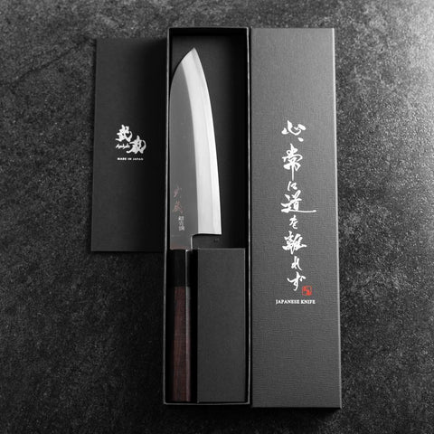 Santoku Stainless Clad Blue Super Polished Buffalo Ebony Handle 180mm-[Musashi]-[Japanese-Kitchen-Knives]