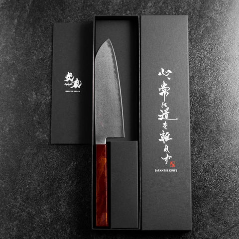 Santoku VG-10 Damascus Yamanaka Red Urushi Handle 165mm (6.5”)-[Musashi]-[Japanese-Kitchen-Knives]