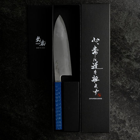 Santoku White Steel Blue Urushi Handle 165mm (6.5”)-[Musashi]-[Japanese-Kitchen-Knives]