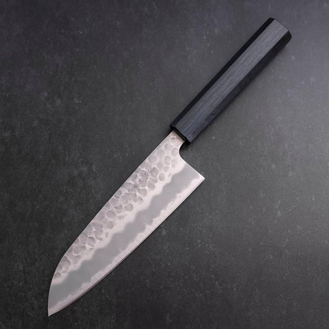 Santoku White Steel #2 Tsuchime Dark Blue Urushi Handle 165mm-[Musashi]-[Japanese-Kitchen-Knives]