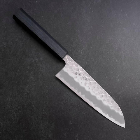 Santoku White Steel #2 Tsuchime Dark Blue Urushi Handle 165mm-[Musashi]-[Japanese-Kitchen-Knives]