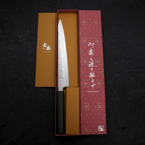 Sujihiki AUS-10 Nashiji Damascus Green Urushi Handle 240mm (9.4”)-[Musashi]-[Japanese-Kitchen-Knives]