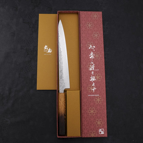 Sujihiki AUS-10 Nashiji Damascus Yaki Urushi Handle 240mm-[Musashi]-[Japanese-Kitchen-Knives]
