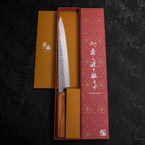 Sujihiki AUS-10 Tsuchime Damascus Oak Handle 240mm-[Musashi]-[Japanese-Kitchen-Knives]