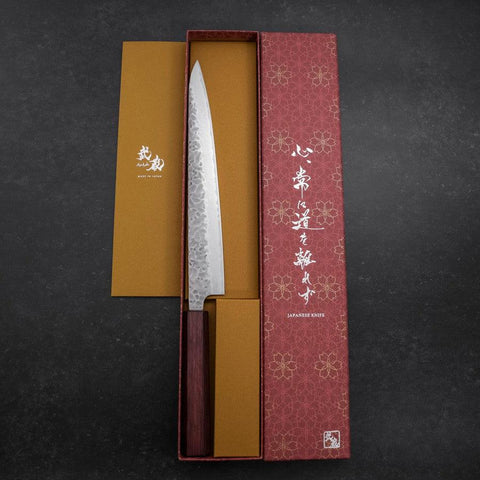 Sujihiki AUS-10 Tsuchime Damascus Purple Urushi Handle 240mm-[Musashi]-[Japanese-Kitchen-Knives]