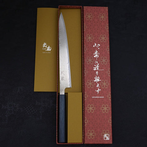 Sujihiki AUS-10 Wave Damascus Dark-Blue Urushi Handle 240mm-[Musashi]-[Japanese-Kitchen-Knives]