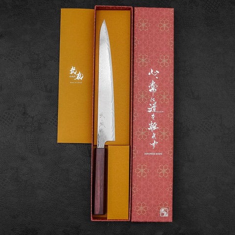 Sujihiki AUS-10 Wave Damascus Purple Urushi Handle 240mm-[Musashi]-[Japanese-Kitchen-Knives]