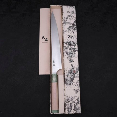 Sujihiki Blue Super Polished Maple Green Handle 270mm (10.6”)-[Musashi]-[Japanese-Kitchen-Knives]