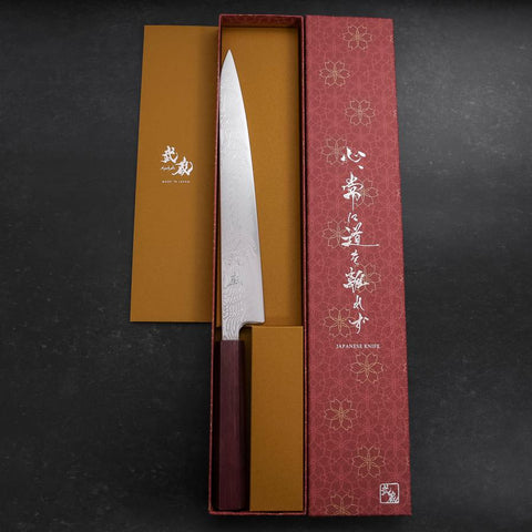 Sujihiki SLD Damascus Purple Urushi Handle 240mm (9.4”)-[Musashi]-[Japanese-Kitchen-Knives]