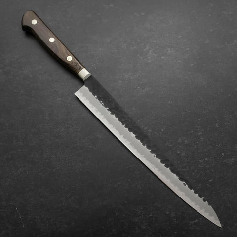 Sujihiki Stainless Clad Blue Super Kurouchi Tsuchime Western Brown Handle 240mm (9.4”)-[Musashi]-[Japanese-Kitchen-Knives]