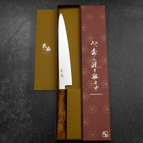 Sujihiki VG-10 Damascus Yellow-Brown Birch Handle 240mm-[Musashi]-[Japanese-Kitchen-Knives]