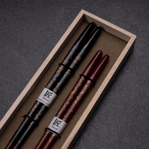 Urushi Gasumi Lacquered Wooden Chopsticks Set 210mm Red and 230mm Black with Paulownia Wooden Box (8.3”)-[Musashi]-[Japanese-Kitchen-Knives]