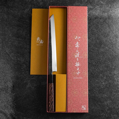 Yanagi Kiritsuke Blue Steel #2 Kurouchi Buffalo Wenge Handle 240mm (9.4”)-[Musashi]-[Japanese-Kitchen-Knives]