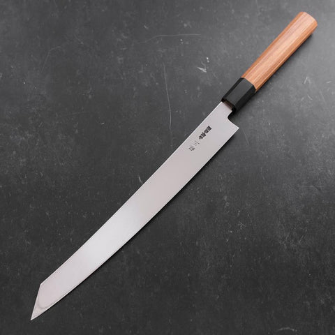 Yanagi Kiritsuke Silver Steel #3 Damascus Mirror Buffalo Teak Handle 300mm-[Musashi]-[Japanese-Kitchen-Knives]