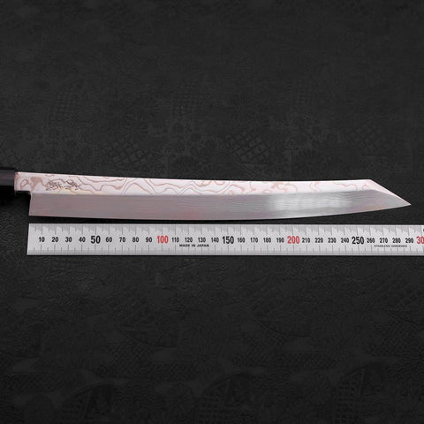Yanagi Kiritsuke Silver Steel #3 Damascus Mirror Buffalo Walnut Handle 300mm (11.8”)-[Musashi]-[Japanese-Kitchen-Knives]