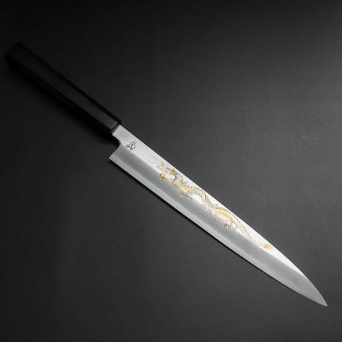 Yanagiba White Steel #2 Kasumi Chokin Dragon Buffalo Ebony Handle 240mm (9.4”)-[Musashi]-[Japanese-Kitchen-Knives]