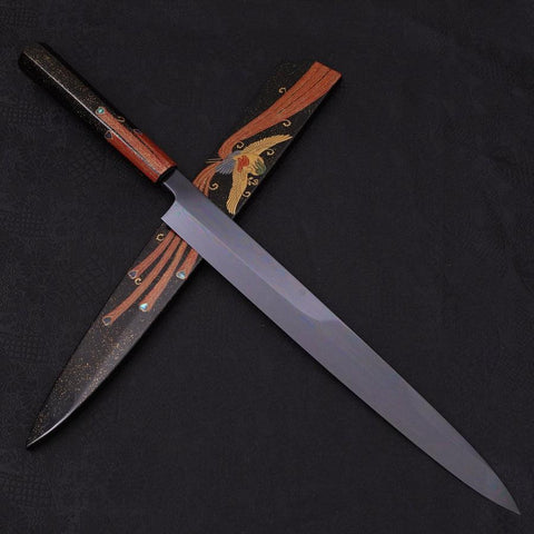 Yanagiba White Steel #2 Black Mirror Moon-Fuji Water Honyaki Urushi Handle With Urushi Sheath 330mm-[Musashi]-[Japanese-Kitchen-Knives]